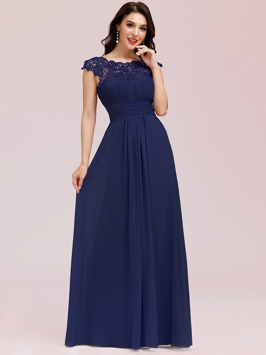 Chic Lace Cap Sleeve Evening Gown with Ruched Waist and Open Back