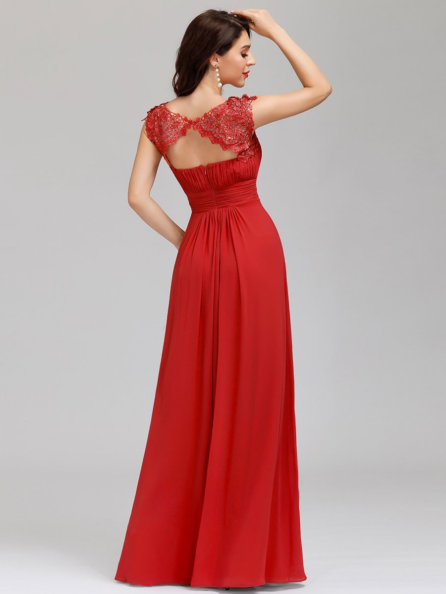 Chic Lace Cap Sleeve Evening Gown with Ruched Waist and Open Back