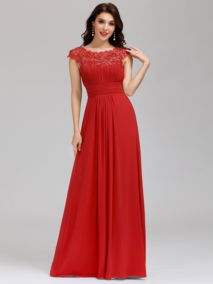 Chic Lace Cap Sleeve Evening Gown with Ruched Waist and Open Back