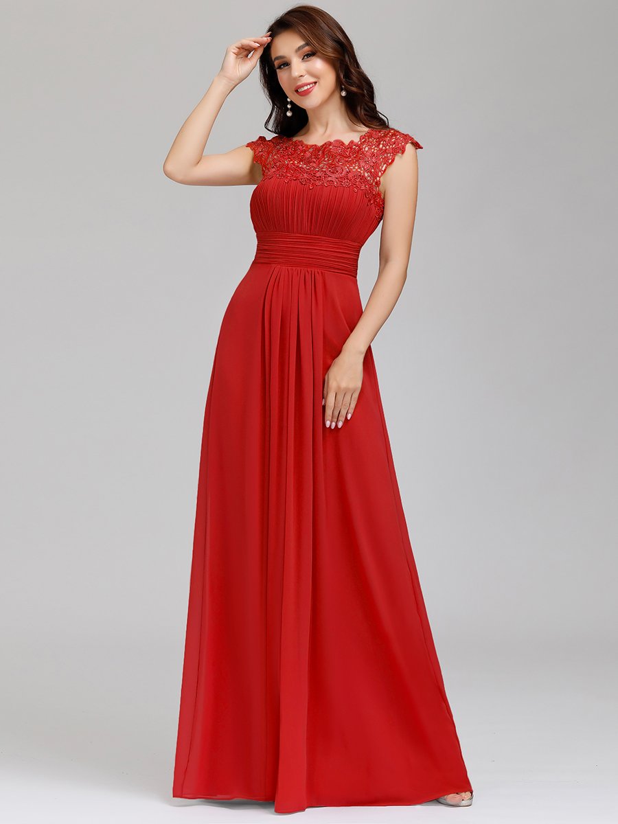 Chic Lace Cap Sleeve Evening Gown with Ruched Waist and Open Back