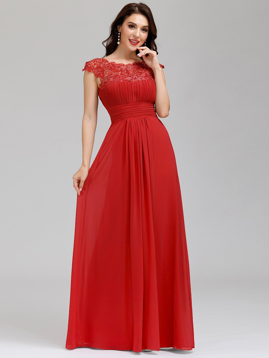 Chic Lace Cap Sleeve Evening Gown with Ruched Waist and Open Back