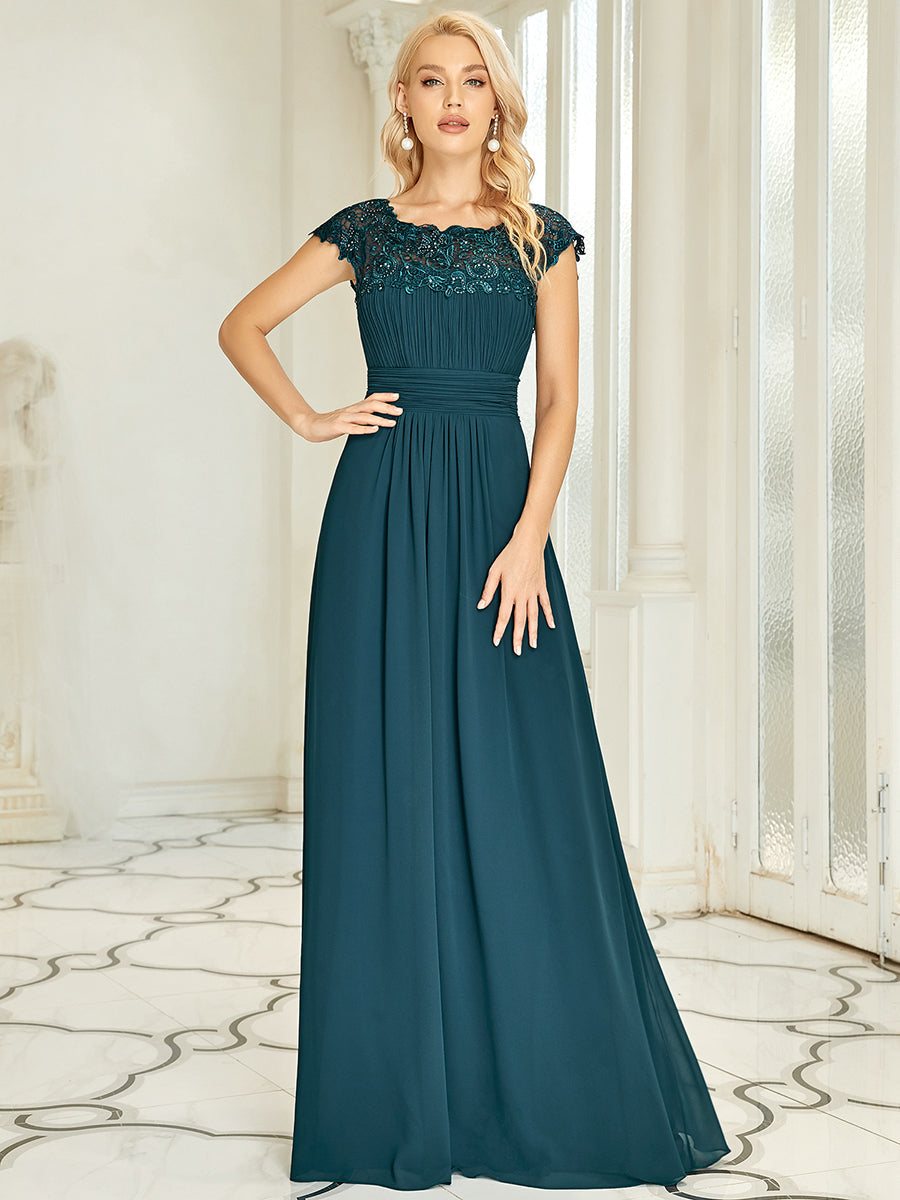 Chic Lace Cap Sleeve Evening Gown with Ruched Waist and Open Back