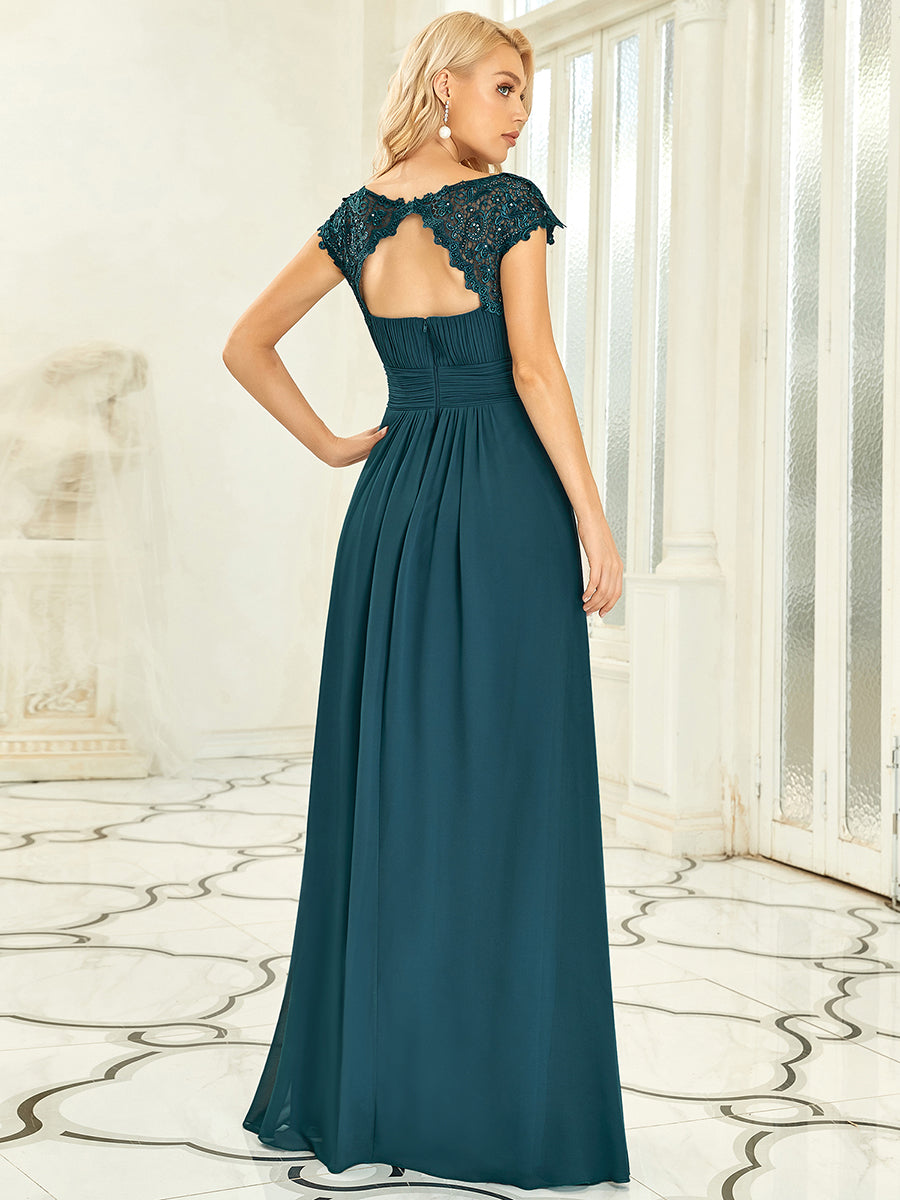 Chic Lace Cap Sleeve Evening Gown with Ruched Waist and Open Back