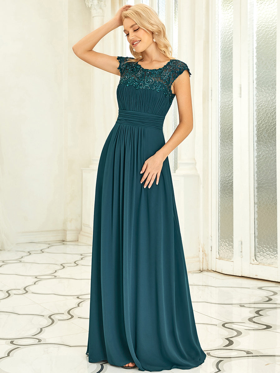 Chic Lace Cap Sleeve Evening Gown with Ruched Waist and Open Back