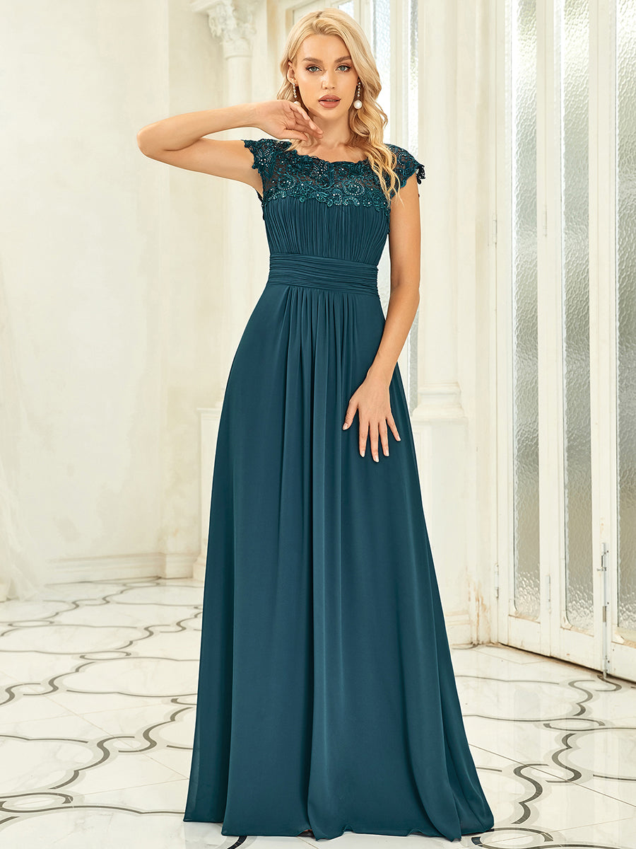 Chic Lace Cap Sleeve Evening Gown with Ruched Waist and Open Back