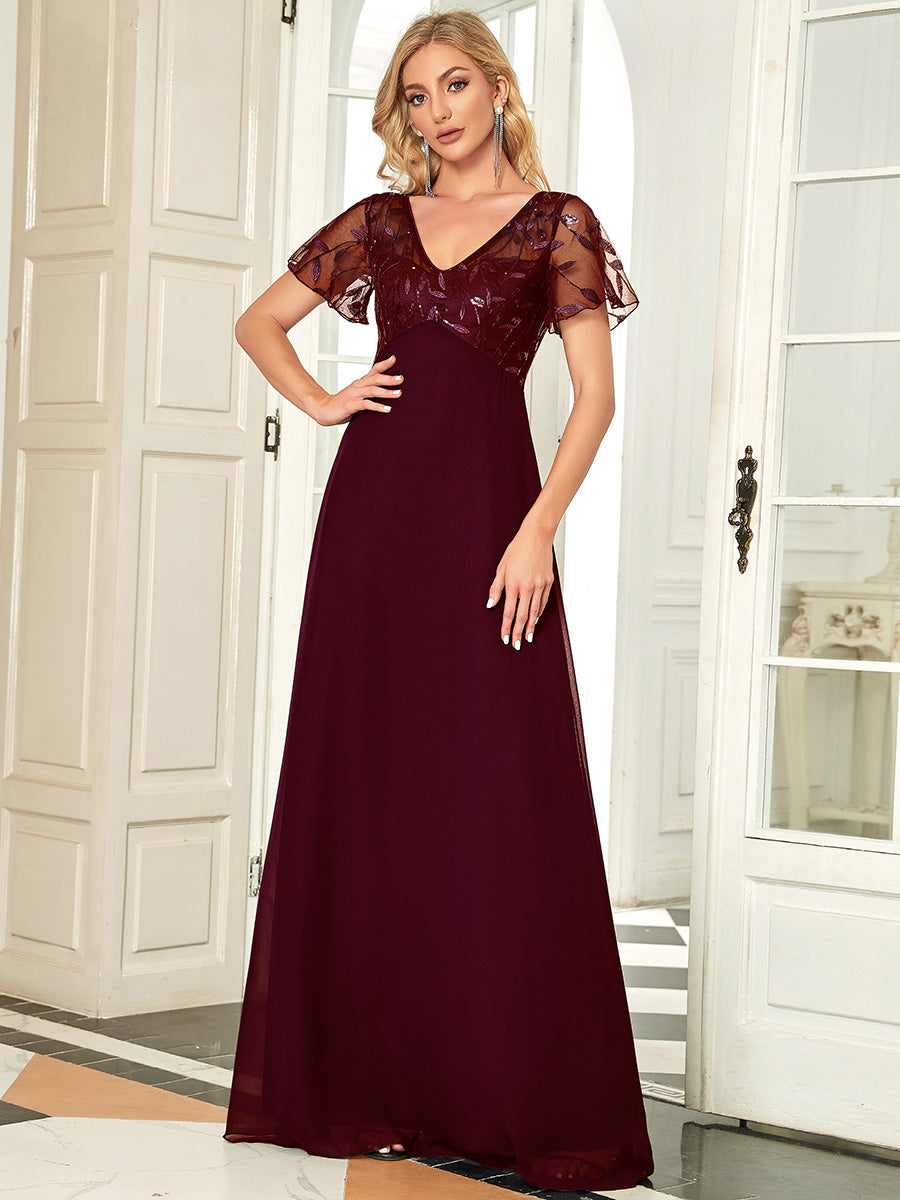 Romantic Floral Lace Evening Gown with Sheer Ruffle Sleeves