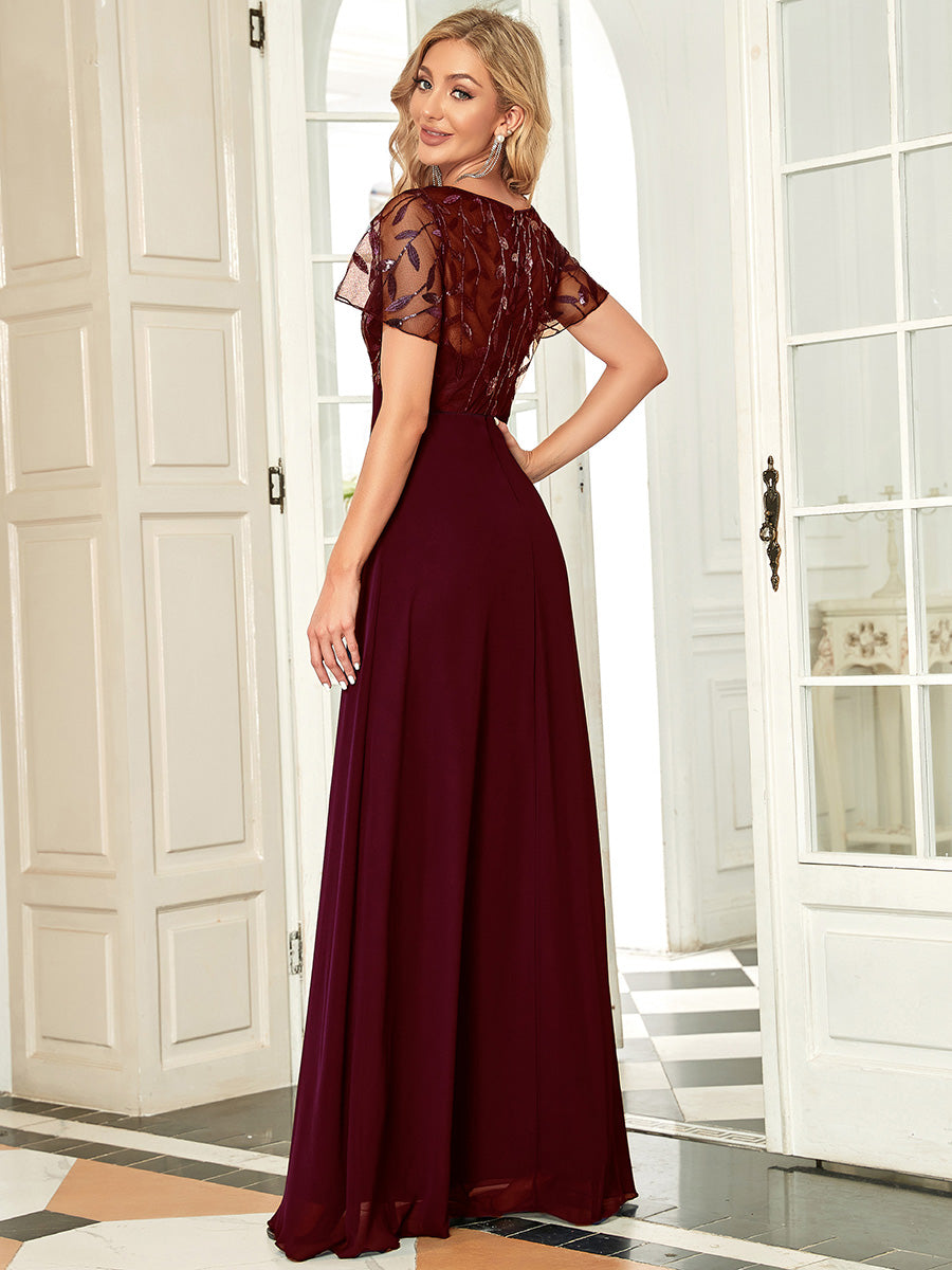 Romantic Floral Lace Evening Gown with Sheer Ruffle Sleeves