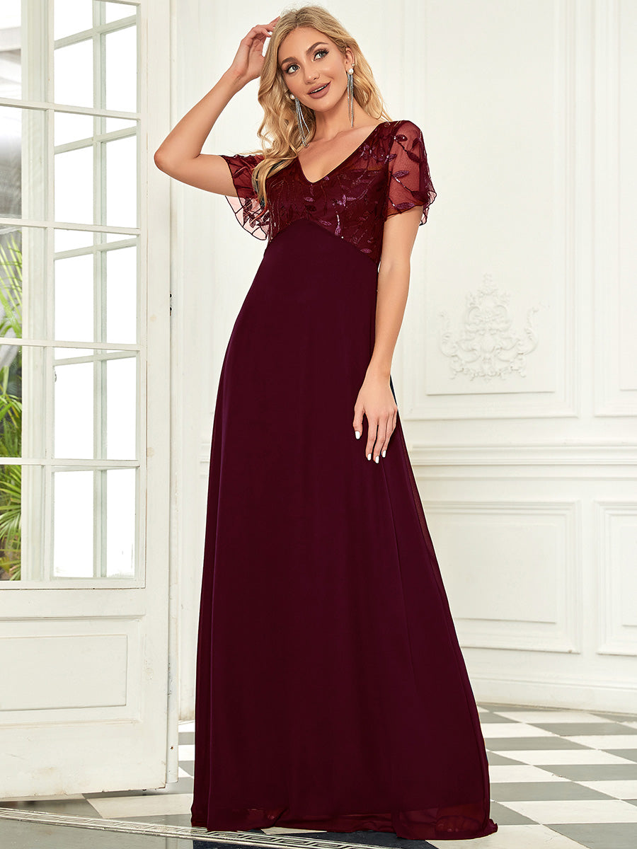 Romantic Floral Lace Evening Gown with Sheer Ruffle Sleeves