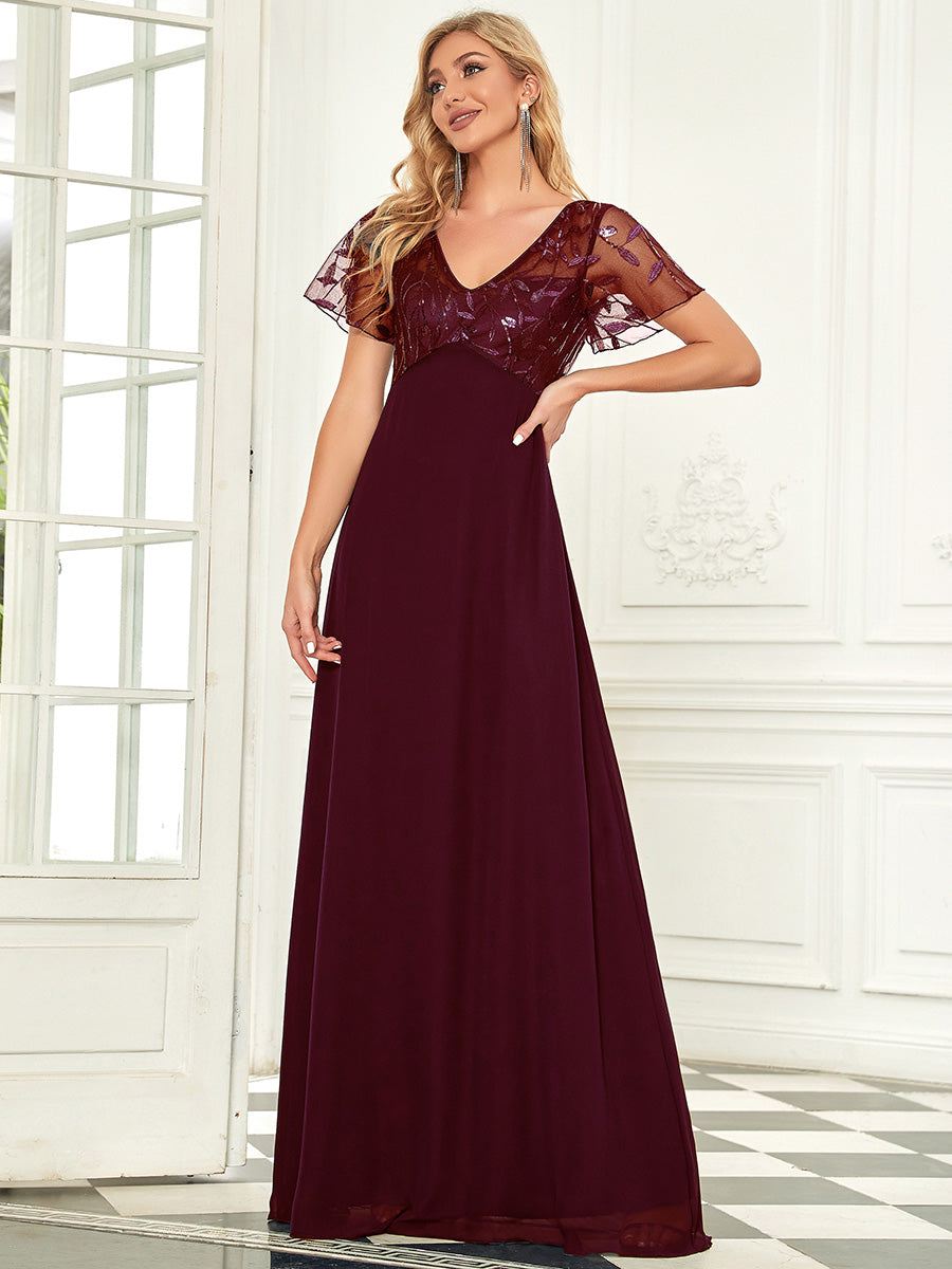 Romantic Floral Lace Evening Gown with Sheer Ruffle Sleeves