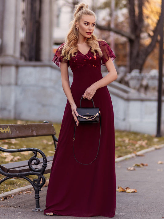 Romantic Floral Lace Evening Gown with Sheer Ruffle Sleeves