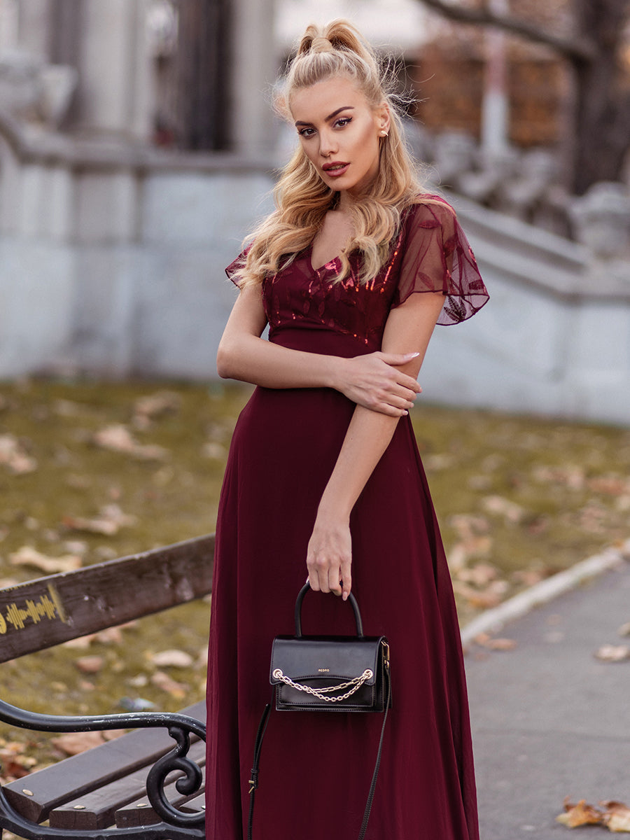 Romantic Floral Lace Evening Gown with Sheer Ruffle Sleeves