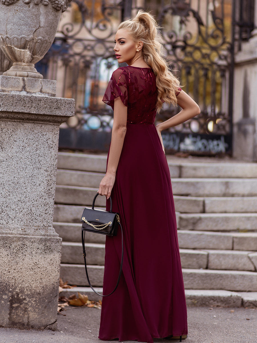 Romantic Floral Lace Evening Gown with Sheer Ruffle Sleeves