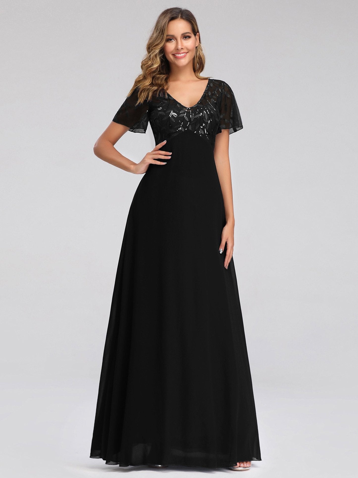 Romantic Floral Lace Evening Gown with Sheer Ruffle Sleeves