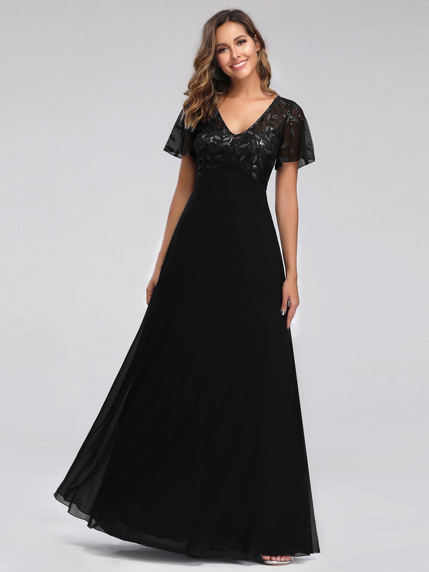 Romantic Floral Lace Evening Gown with Sheer Ruffle Sleeves