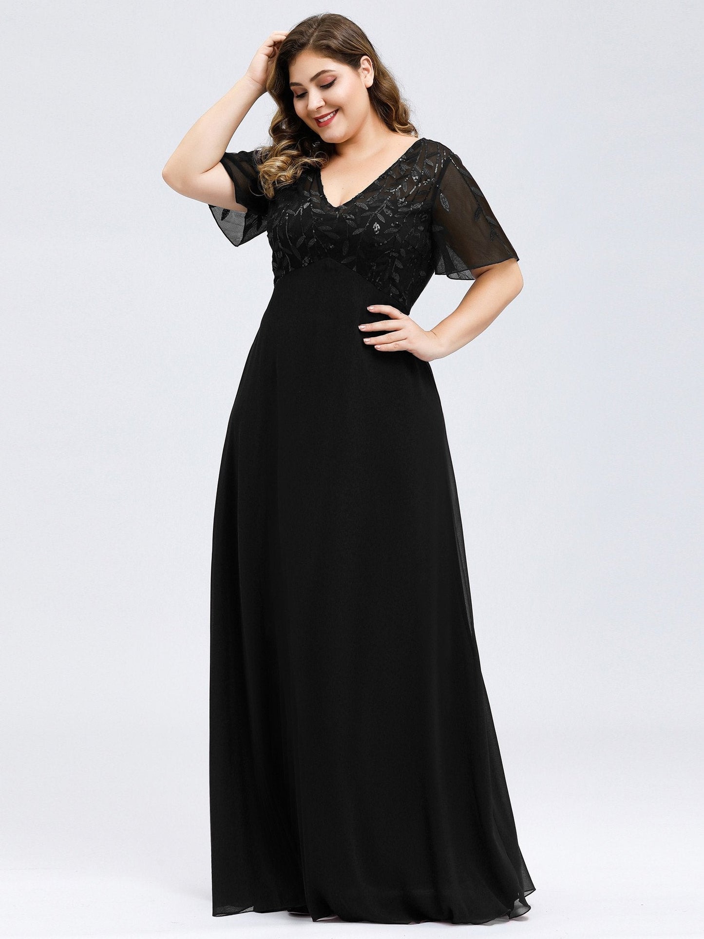 Floral Sequin Plus Size Evening Gown with Cap Sleeve