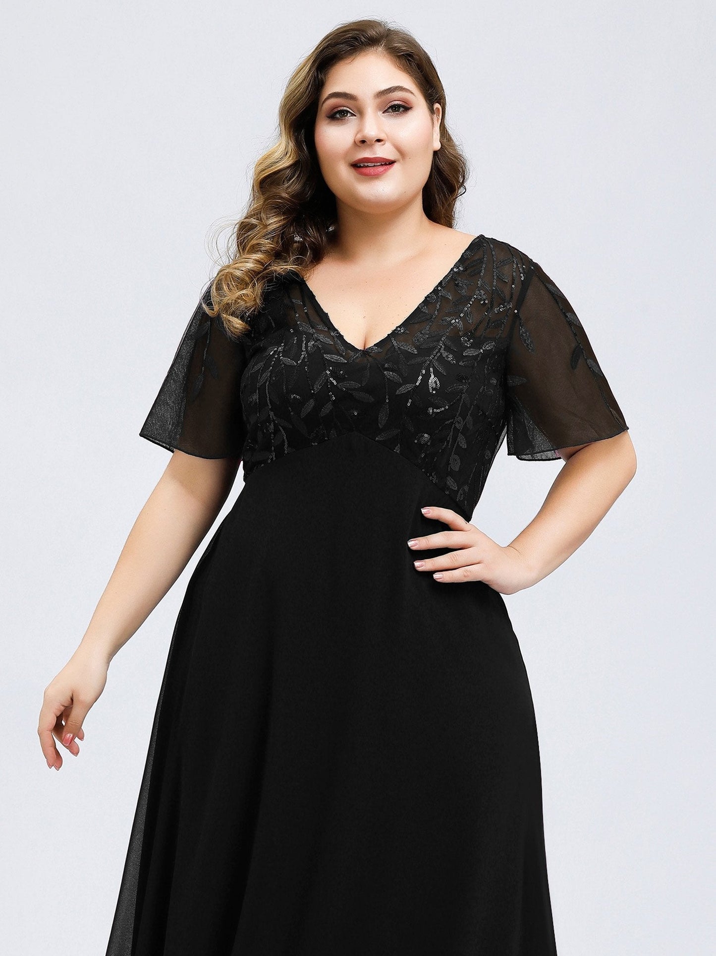 Floral Sequin Plus Size Evening Gown with Cap Sleeve