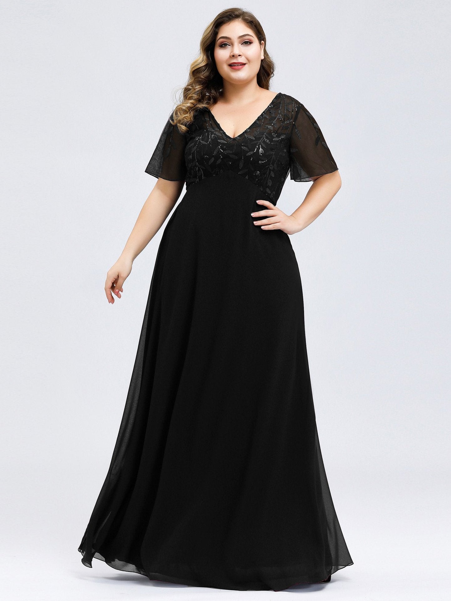 Floral Sequin Plus Size Evening Gown with Cap Sleeve