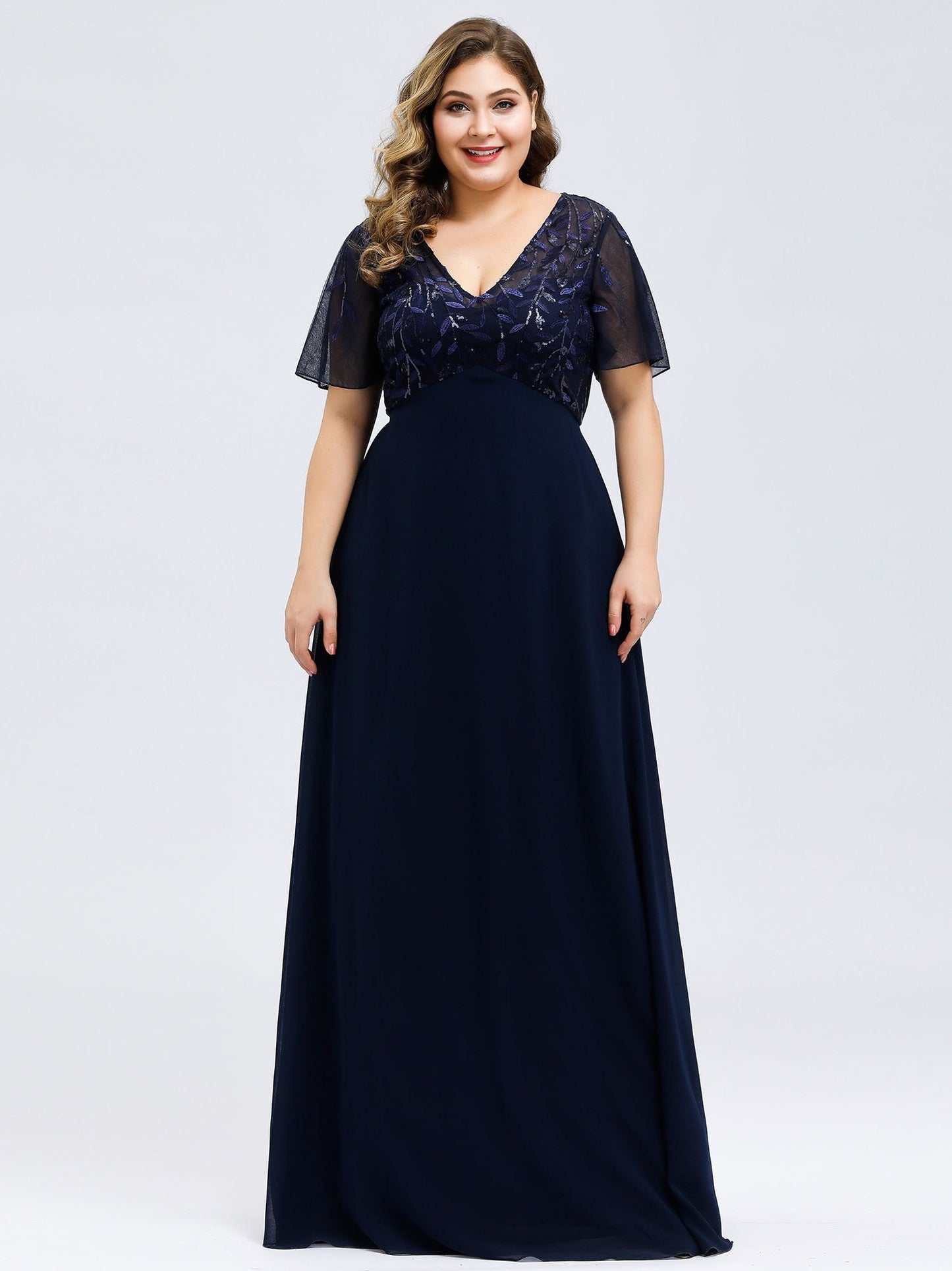 Floral Sequin Plus Size Evening Gown with Cap Sleeve