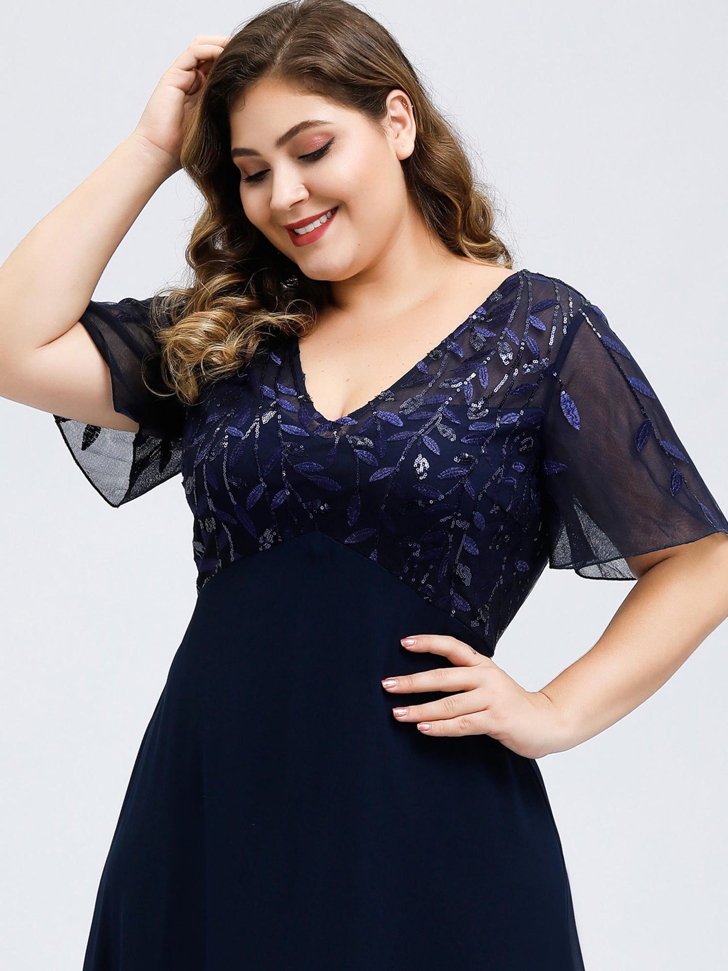 Floral Sequin Plus Size Evening Gown with Cap Sleeve