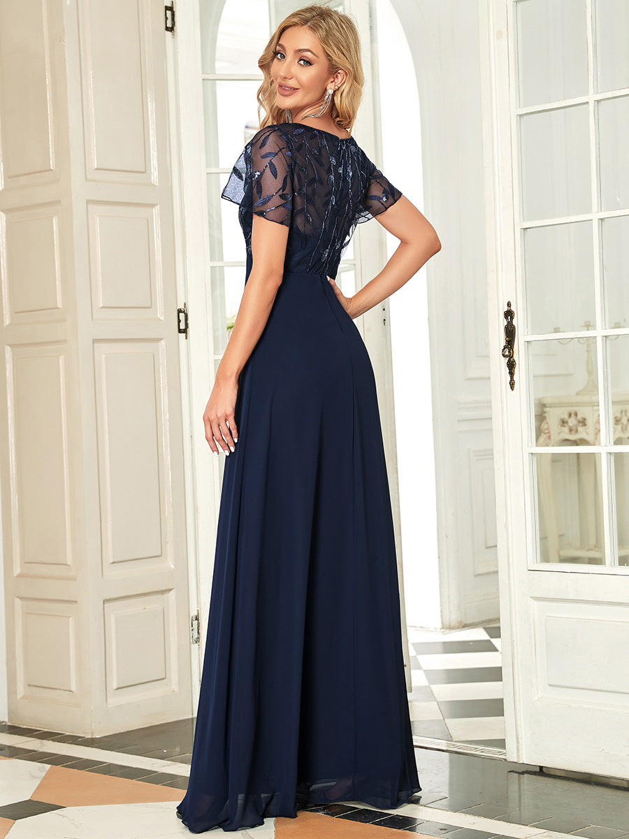 Romantic Floral Lace Evening Gown with Sheer Ruffle Sleeves