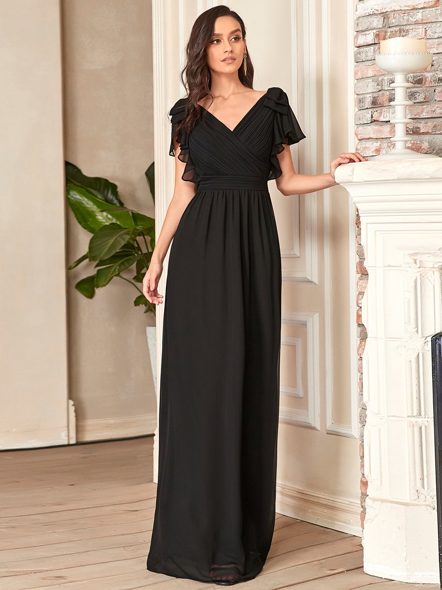 Elegant Evening Gown with Ruffled Sleeves