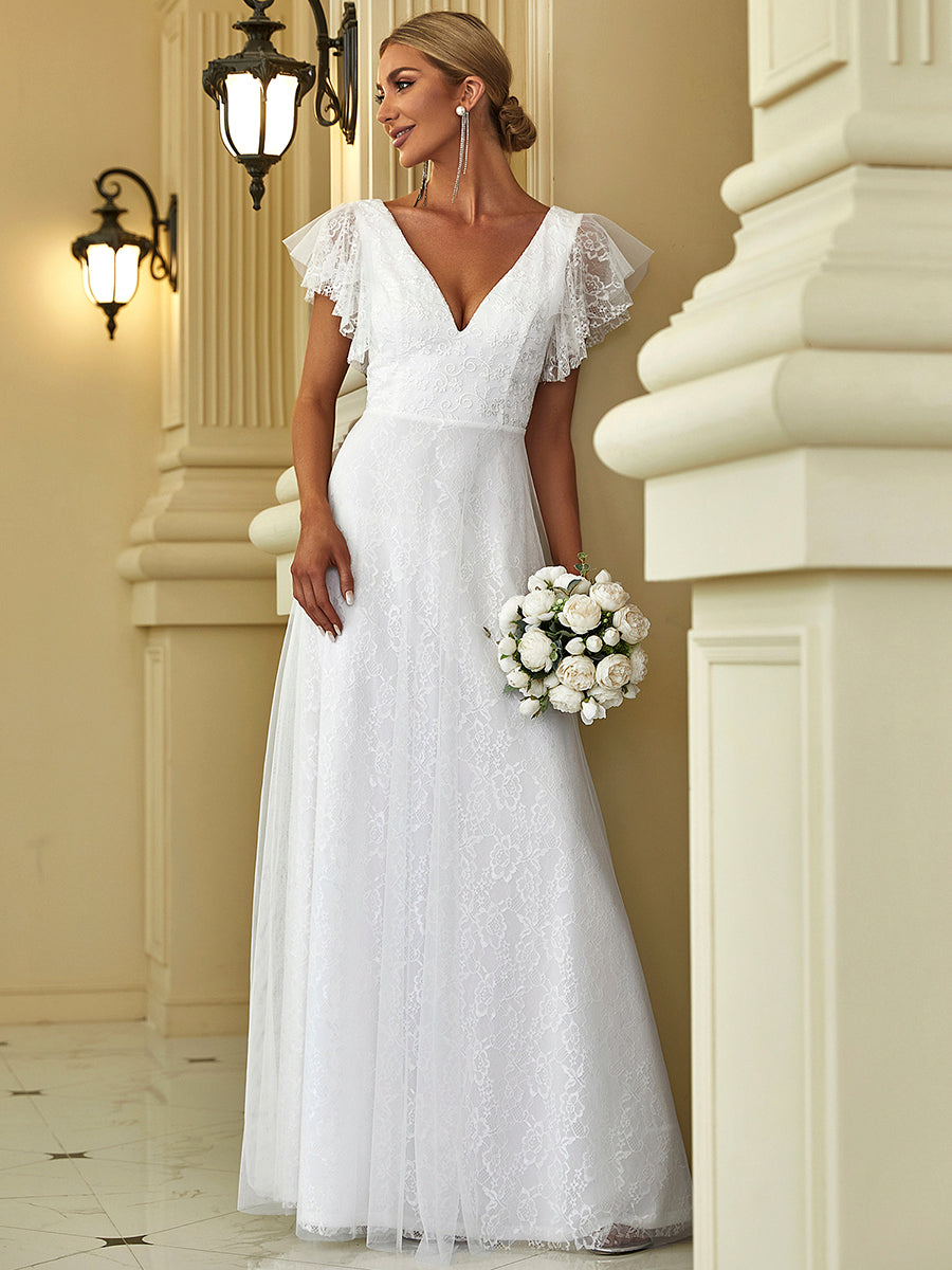 Elegant V-Neck Floor Length Gown with Ruffle Sleeves