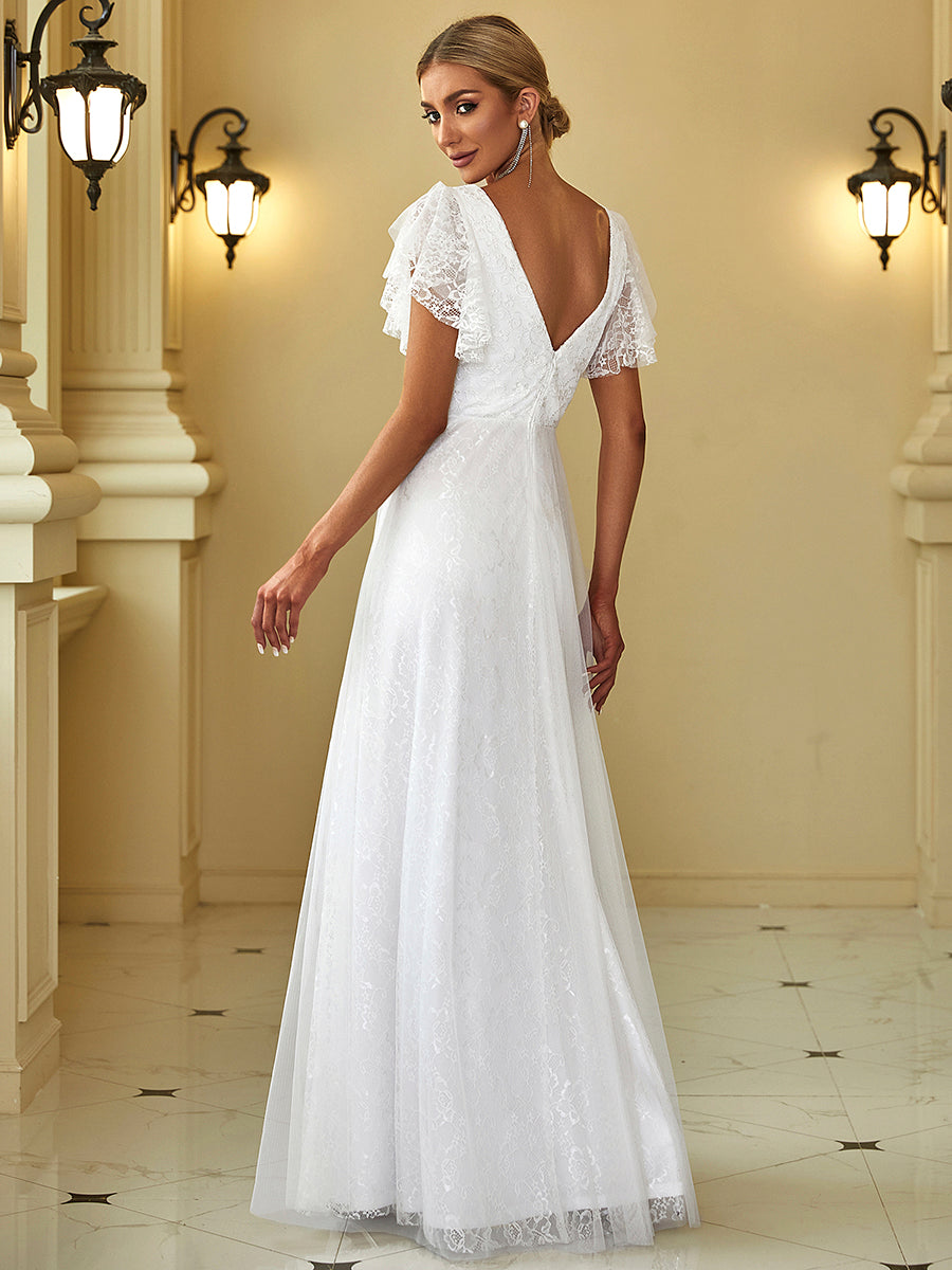 Elegant V-Neck Floor Length Gown with Ruffle Sleeves