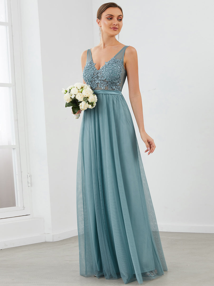 Floral Lace V-Neck A-Line Bridesmaid Dress with Appliques