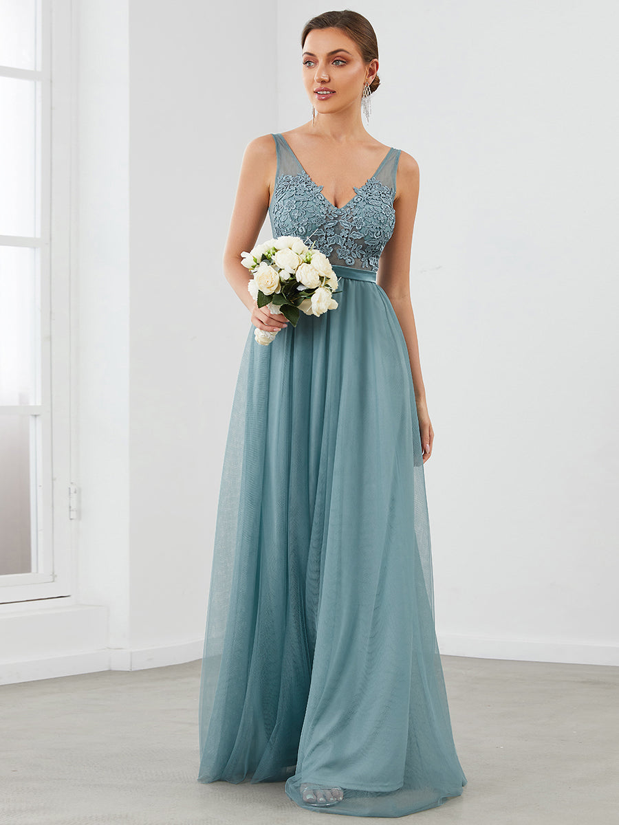 Floral Lace V-Neck A-Line Bridesmaid Dress with Appliques