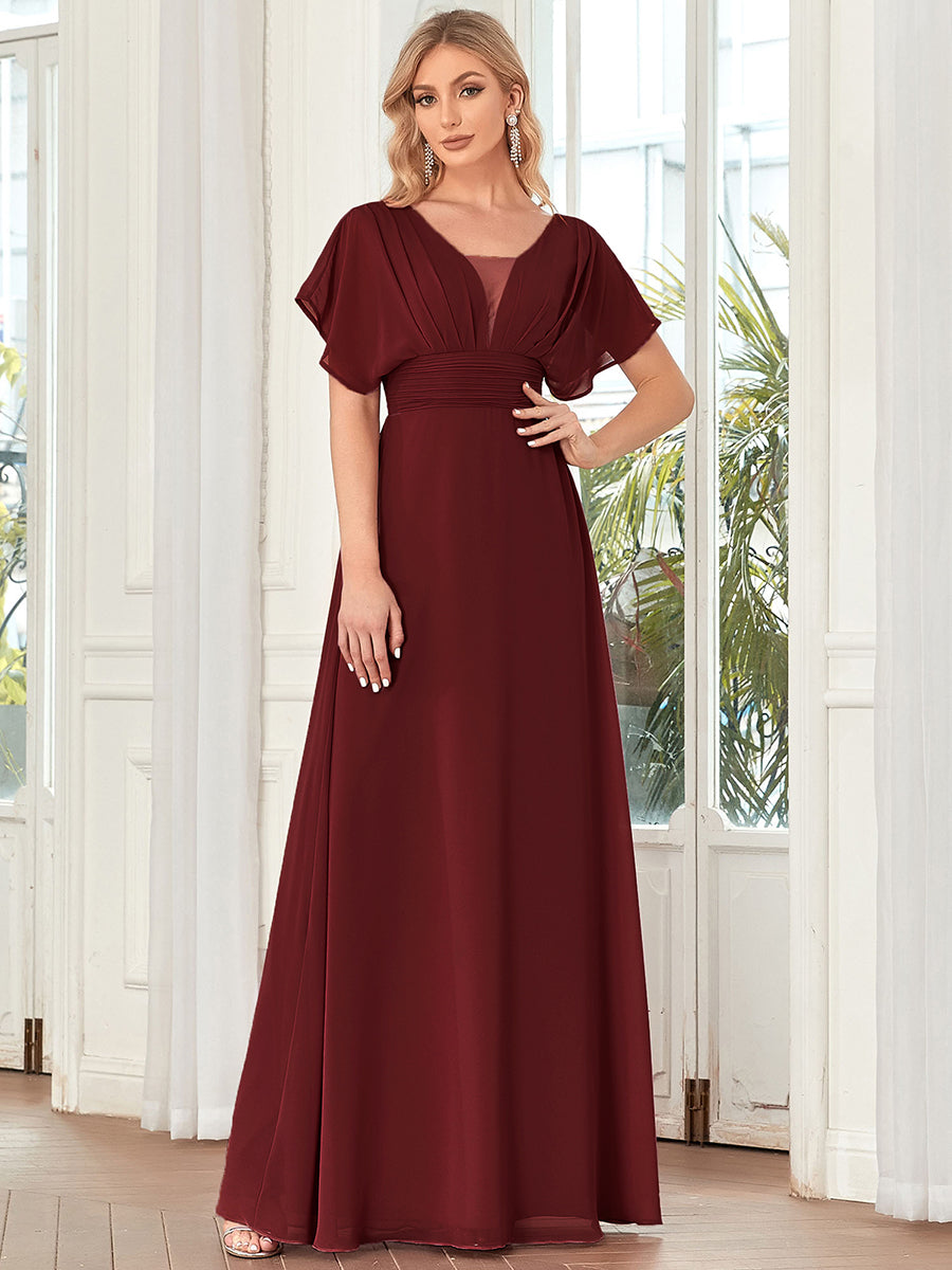 Classic Flowy A-Line Maxi Dress with V-Neckline and Ruffle Sleeves