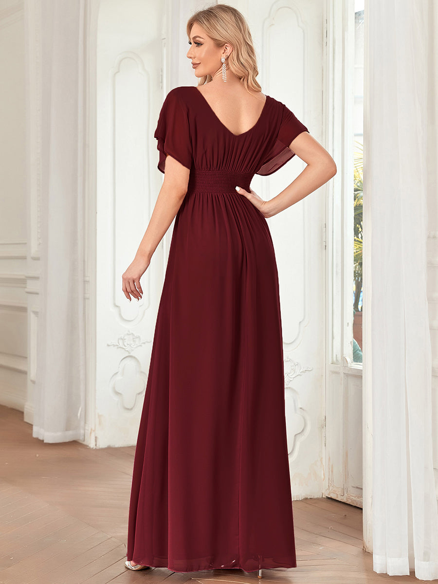 Classic Flowy A-Line Maxi Dress with V-Neckline and Ruffle Sleeves