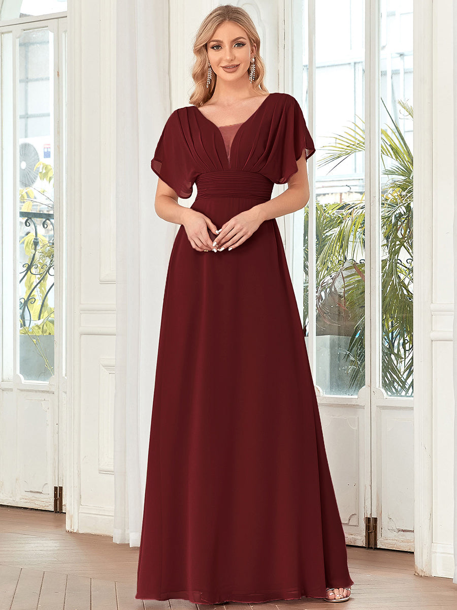 Classic Flowy A-Line Maxi Dress with V-Neckline and Ruffle Sleeves