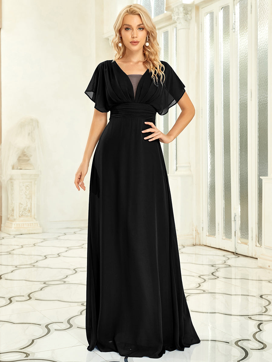 Classic Flowy A-Line Maxi Dress with V-Neckline and Ruffle Sleeves