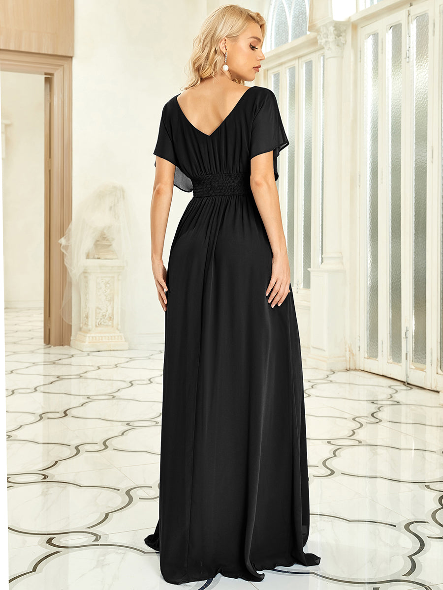 Classic Flowy A-Line Maxi Dress with V-Neckline and Ruffle Sleeves