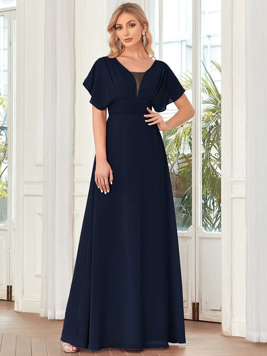 Classic Flowy A-Line Maxi Dress with V-Neckline and Ruffle Sleeves