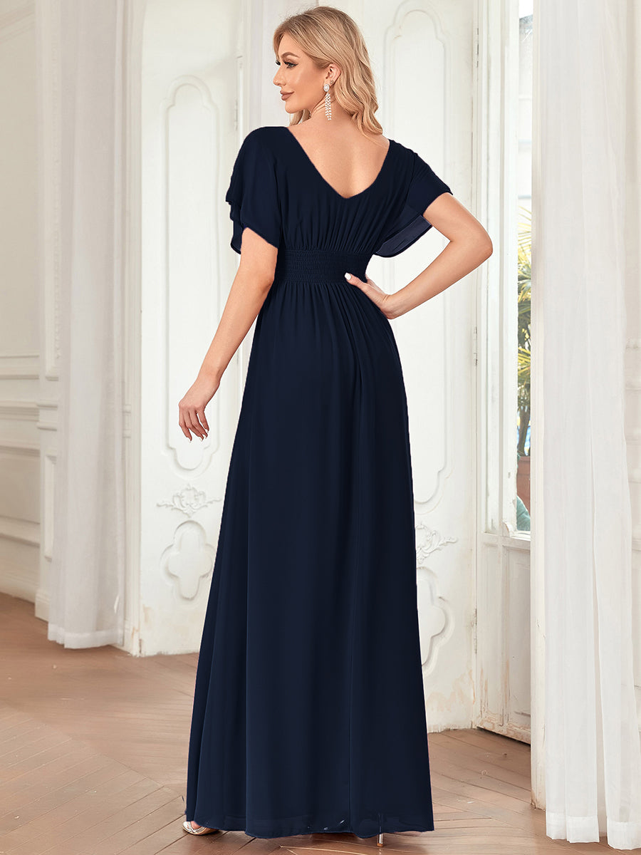 Classic Flowy A-Line Maxi Dress with V-Neckline and Ruffle Sleeves