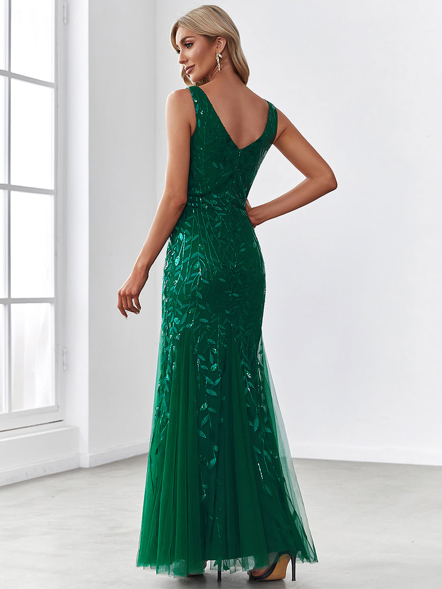 Elegant Sequined V-Neck Mermaid Evening Gown