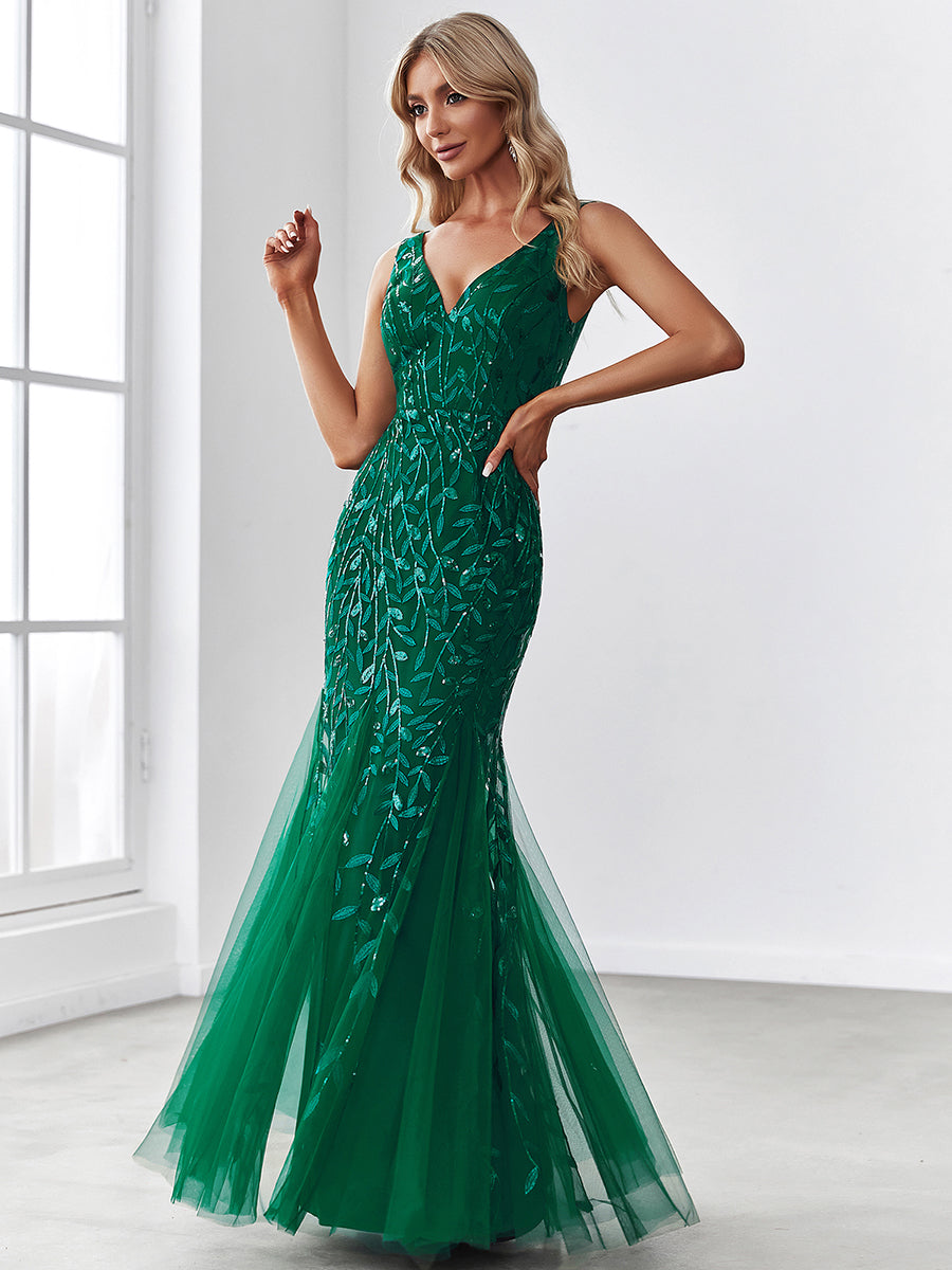 Elegant Sequined V-Neck Mermaid Evening Gown