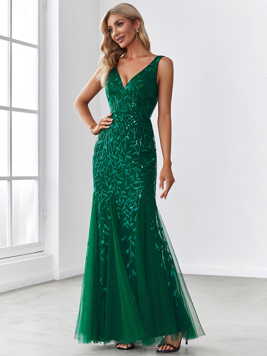 Elegant Sequined V-Neck Mermaid Evening Gown