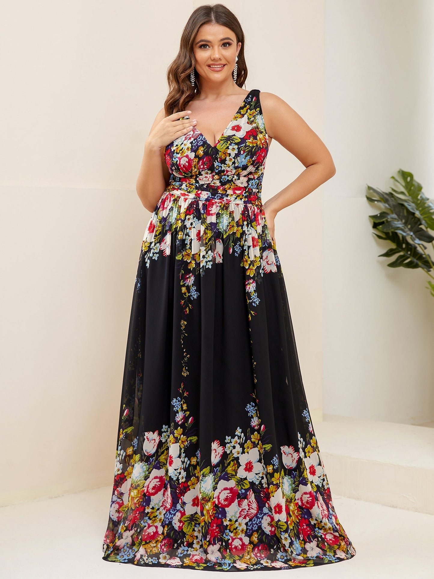 Elegant Plus Size V-Neck Chiffon Evening Gown