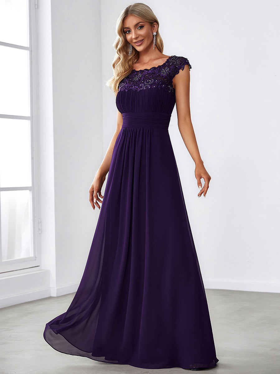 Chic Lace Cap Sleeve Evening Gown with Ruched Waist and Open Back