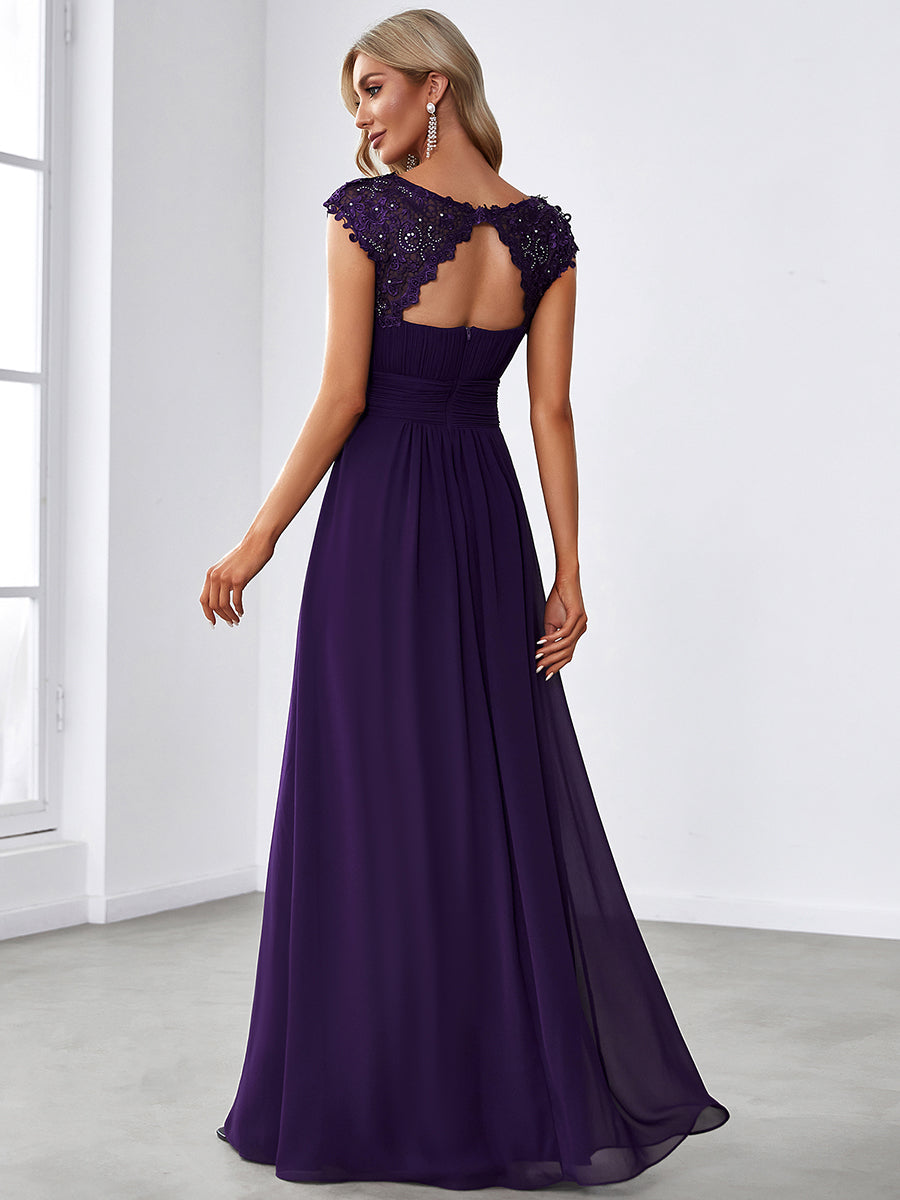 Chic Lace Cap Sleeve Evening Gown with Ruched Waist and Open Back