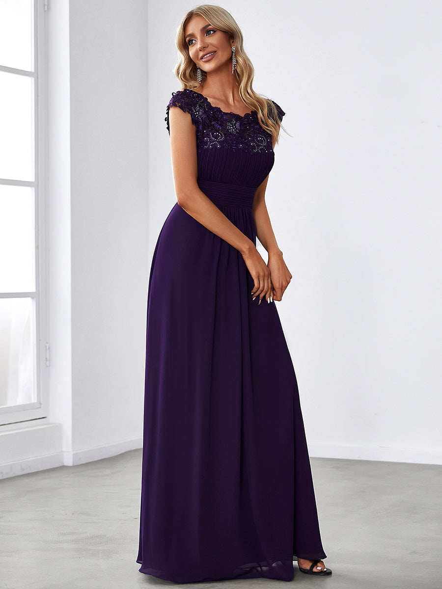 Chic Lace Cap Sleeve Evening Gown with Ruched Waist and Open Back