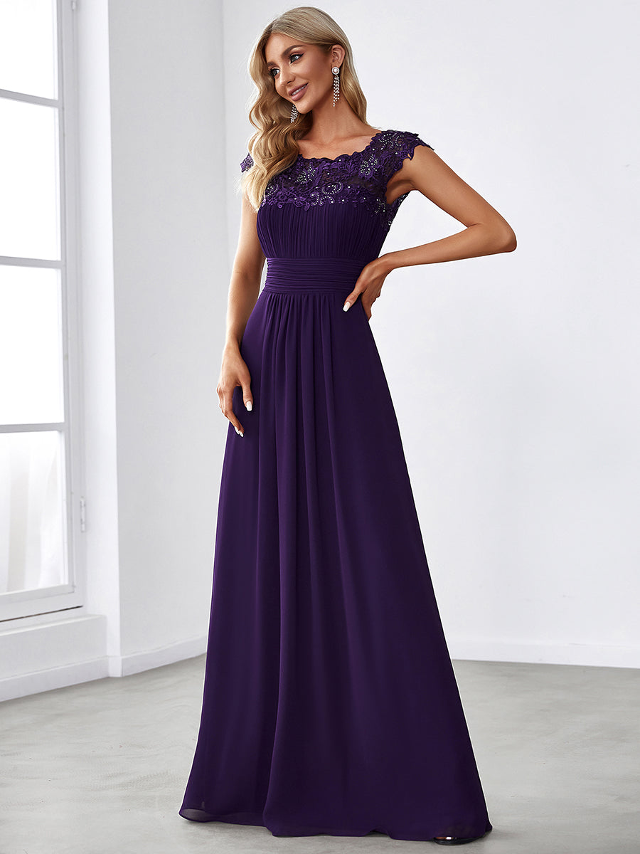 Chic Lace Cap Sleeve Evening Gown with Ruched Waist and Open Back