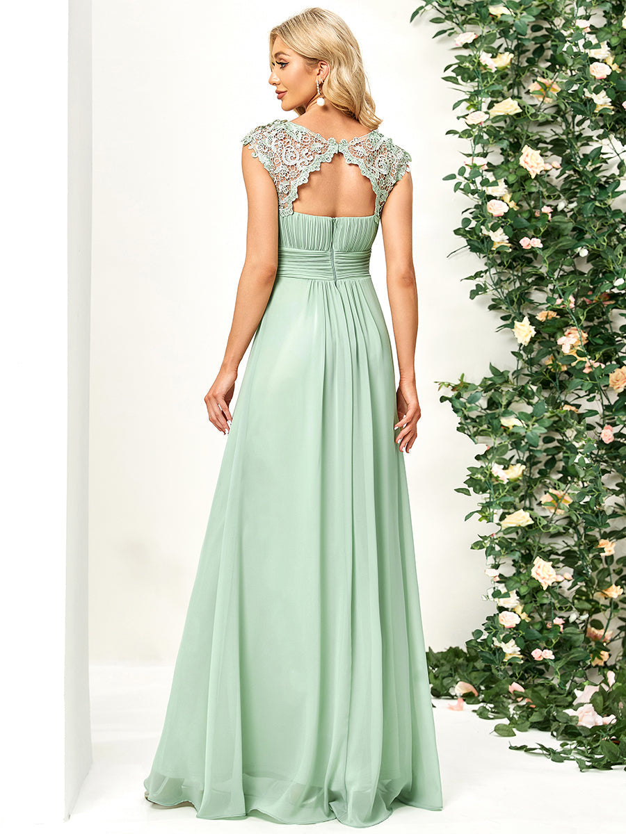 Chic Lace Cap Sleeve Evening Gown with Ruched Waist and Open Back