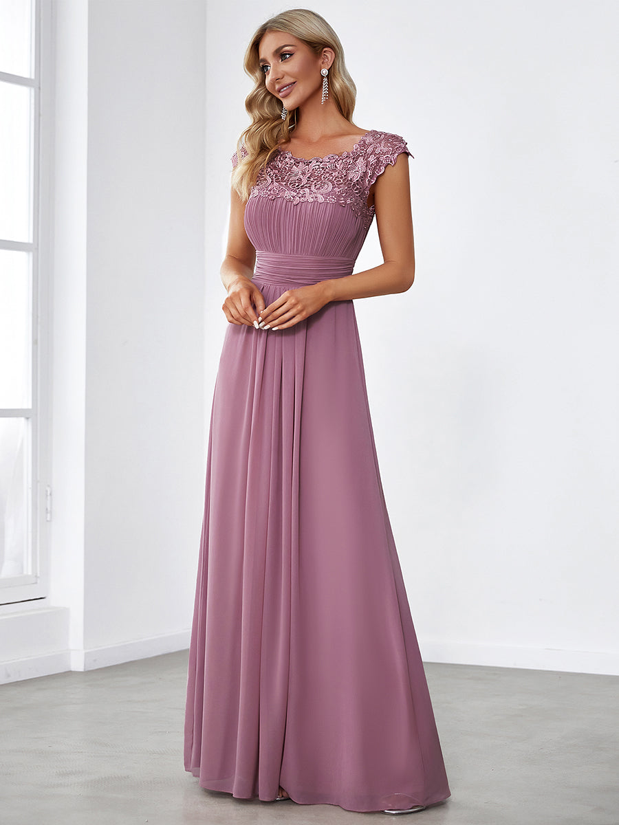 Chic Lace Cap Sleeve Evening Gown with Ruched Waist and Open Back