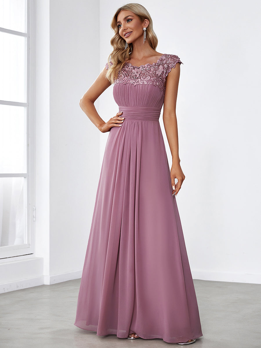 Chic Lace Cap Sleeve Evening Gown with Ruched Waist and Open Back