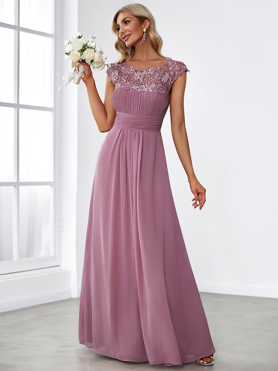 Chic Lace Cap Sleeve Evening Gown with Ruched Waist and Open Back