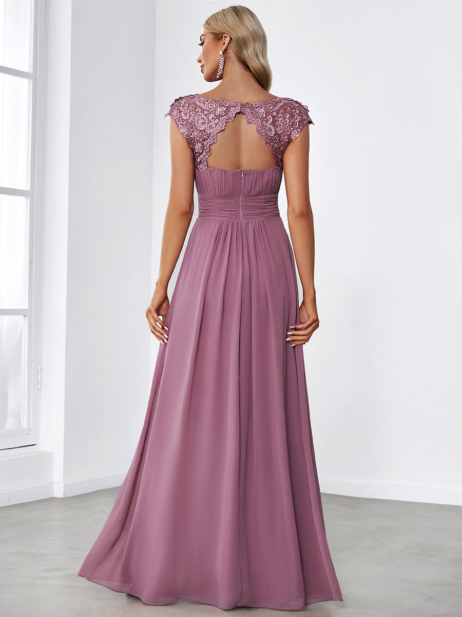 Chic Lace Cap Sleeve Evening Gown with Ruched Waist and Open Back