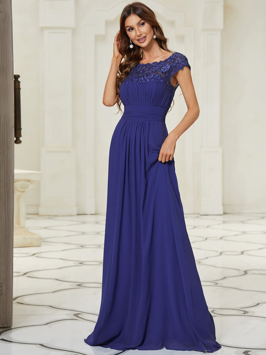 Chic Lace Cap Sleeve Evening Gown with Ruched Waist and Open Back